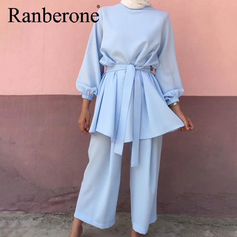 Ranberone Muslim Women Arab Suit Fashion Long Sleeve Tops Wide Leg Pants Islamic Two Piece Set Outfits Female Blouses Women Sets