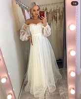 off shoulder wedding dress 2021 lantern long sleeve point net tulle white cheap bridal gowns a line floor length women