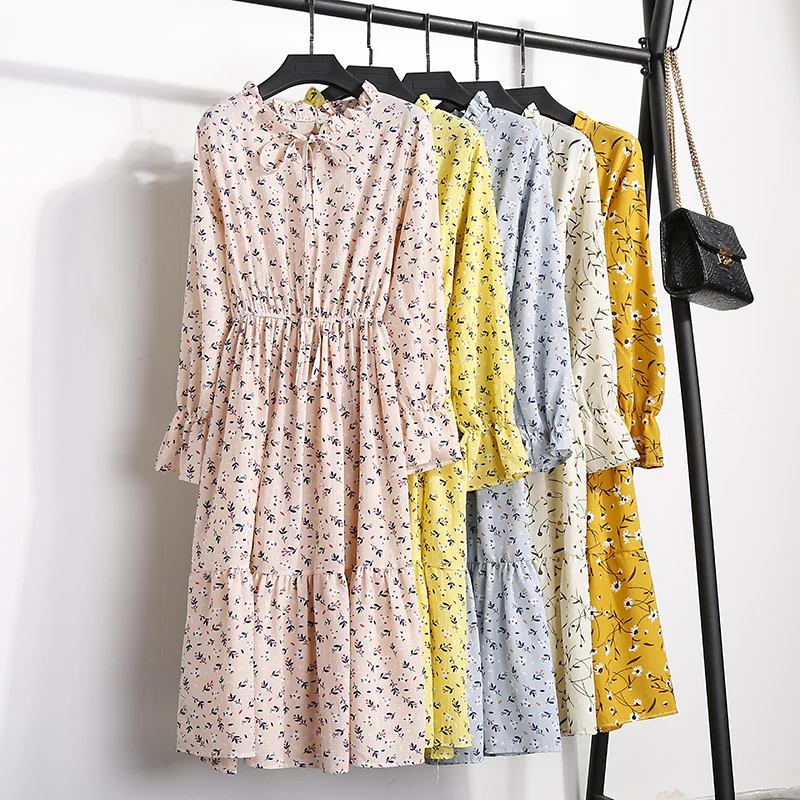 Осень 2019 женские повседневные платья милое шифоновое платье с цветочным принтом