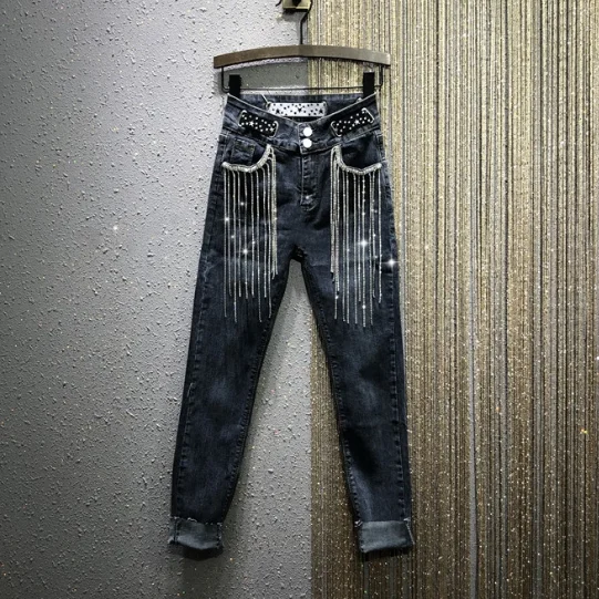 Женские джинсы с бахромой стразы весна 2020 новинка высокая талия тонкие тянущиеся