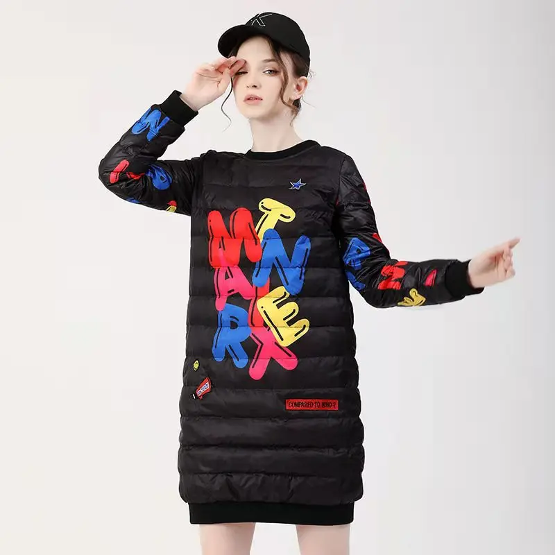 

Graffiti Letter Winter Women Down Coat Ultralight Collarless Duck Down Jacket Portable Girl Padded Parkas O-Neck Puffer Overcoat