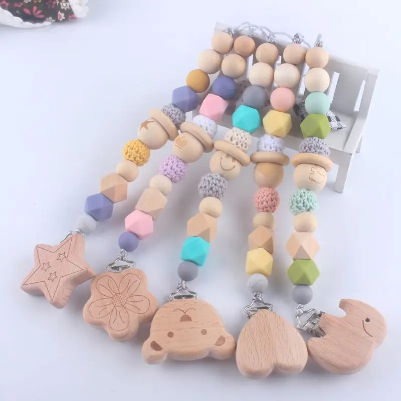 

Wooden Bead Dummy Clip Holder Pacifier Clips Soother Chains Baby Teething Toy Baby Teething Beads Teether Toy Chewbeads
