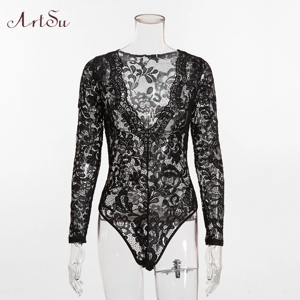 Женское Кружевное боди с открытой спиной ArtSu черное облегающее v-образным вырезом