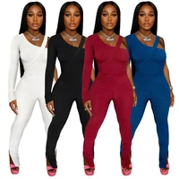 sexy knitted 2 piece set women one shoulder bandage long sleeve top and split flare pant sets casual outfits club matching sets
