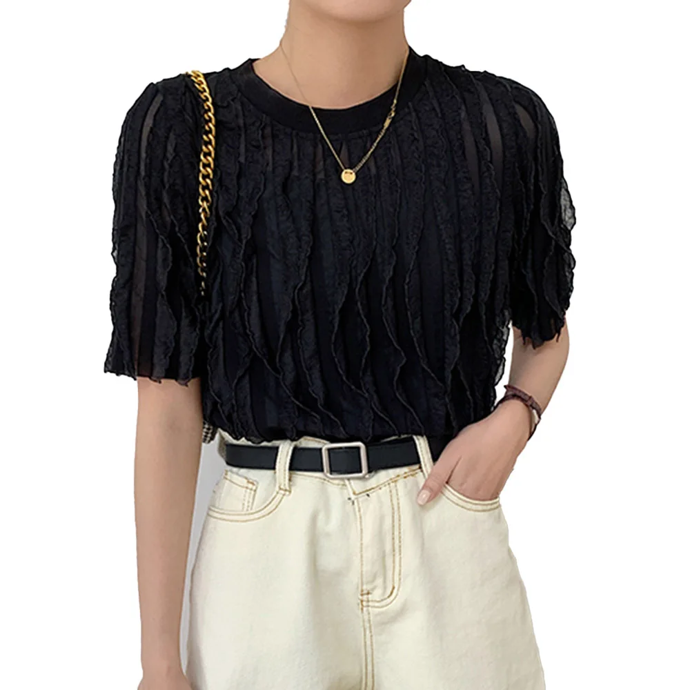 

2021 Japanese Korean VersionT-Shirt Fashion Summer Loose Casual Simple Lace Perspective Sexy Round Neck Summer