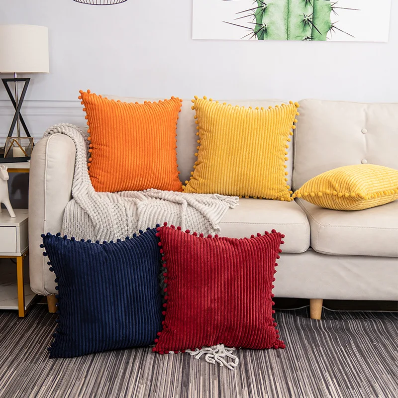 

2 Pcs Corduroy Cushion Cover Solid Striped Pom Pom Throw Pillow Cover Sofa Bed Living Room Modern Home Decor