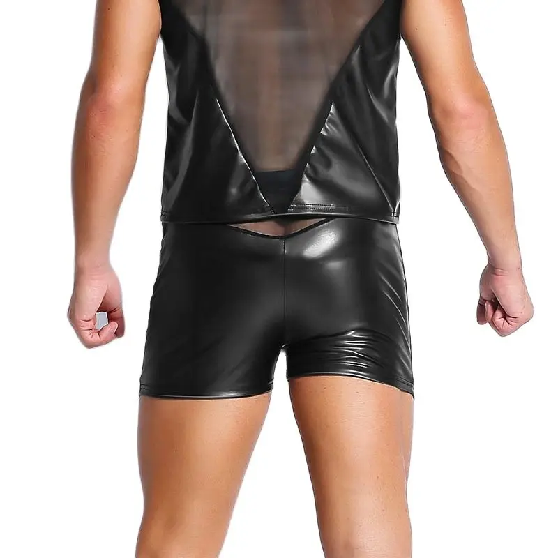 Сексуальные мужские черные лакированные кожаные сценические ролевые шорты с