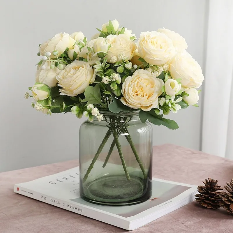 

Pink Silk Peony Artificial Flowers Rose Wedding Home DIY Decor High Quality Big Bouquet Foam Accessories Craft White Fake Flower