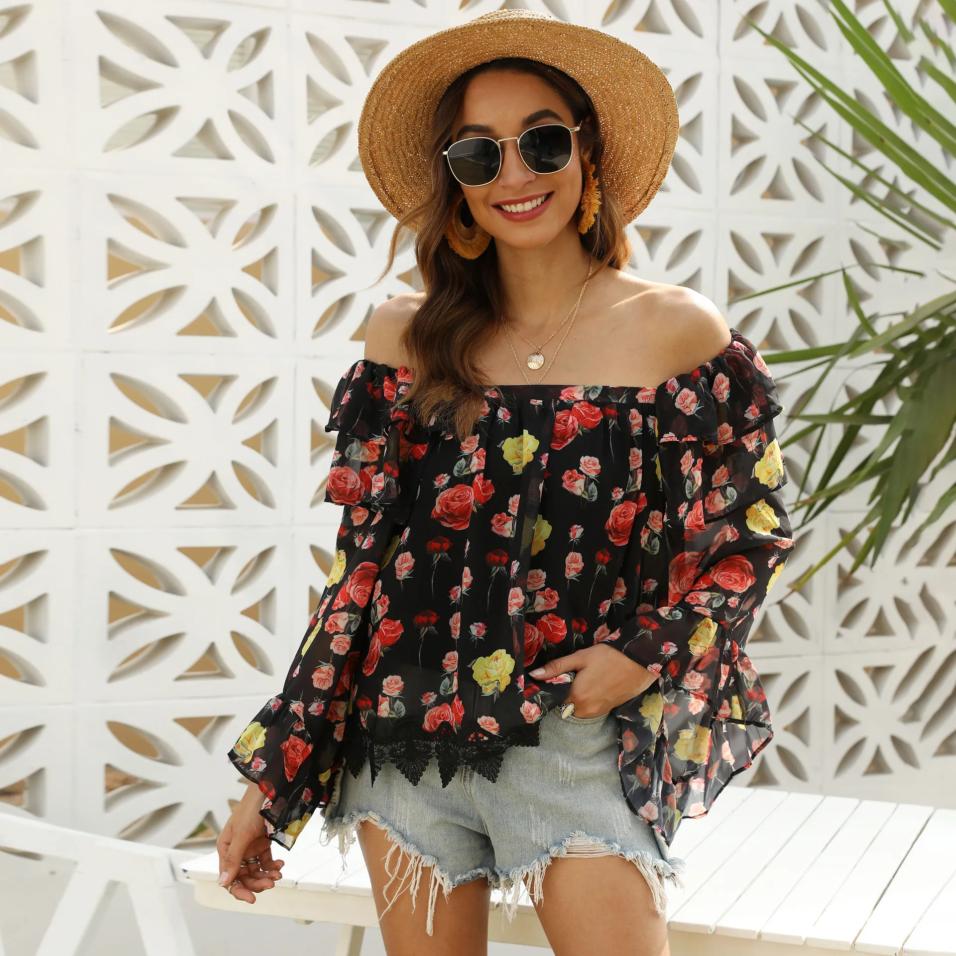 

Modern Floral Print Plus Size Top Mujer Loose Waist Woman Tshirts Vintage Slash Neck Long Sleeve Tees Casual Folds Chiffon Shirt