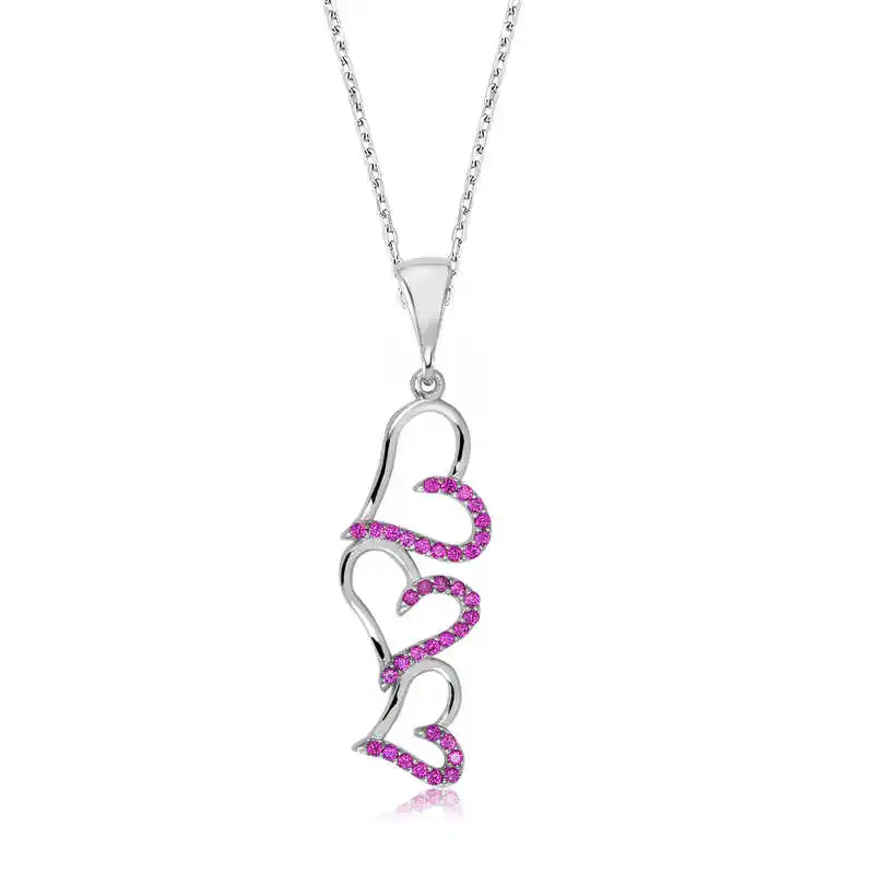 

Real Silver 925 Jewelry Silver Pink Three Hearted Lady Necklace