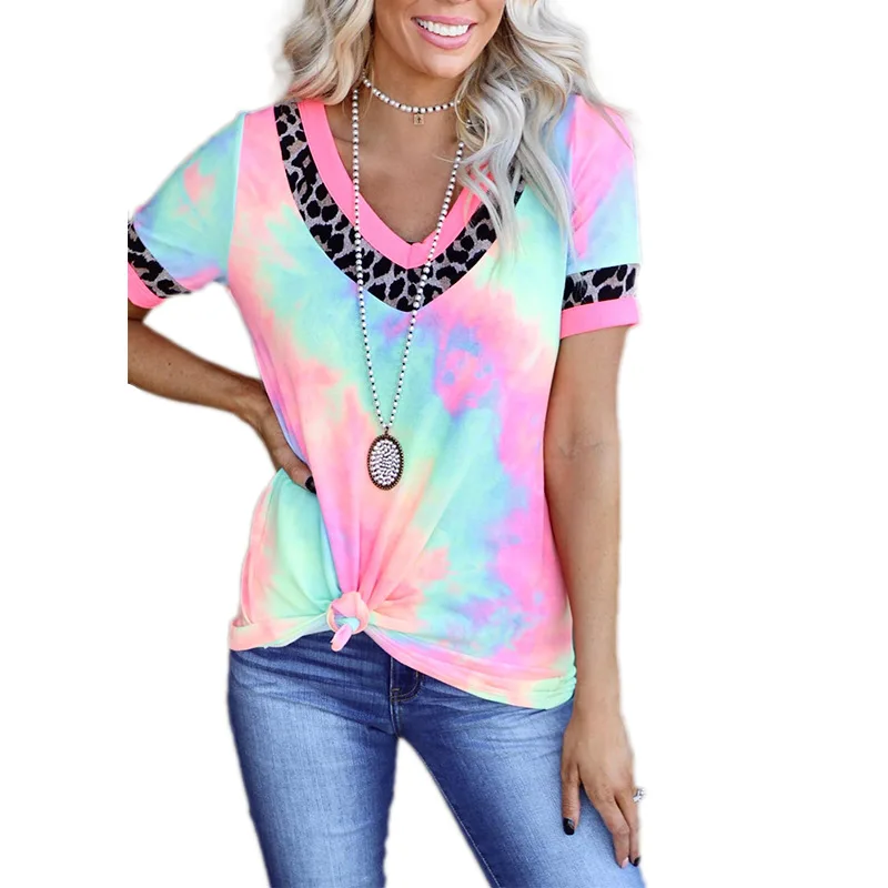 

2021 Summer New Tie-dye Printed Short-sleeved V-neck Casual T-shirt for Women