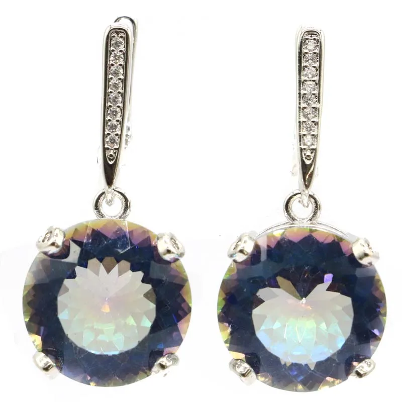 Серьги из серебра с Мистик топазом 32x15 мм SheCrown Created Fire Rainbow CZ подарок для