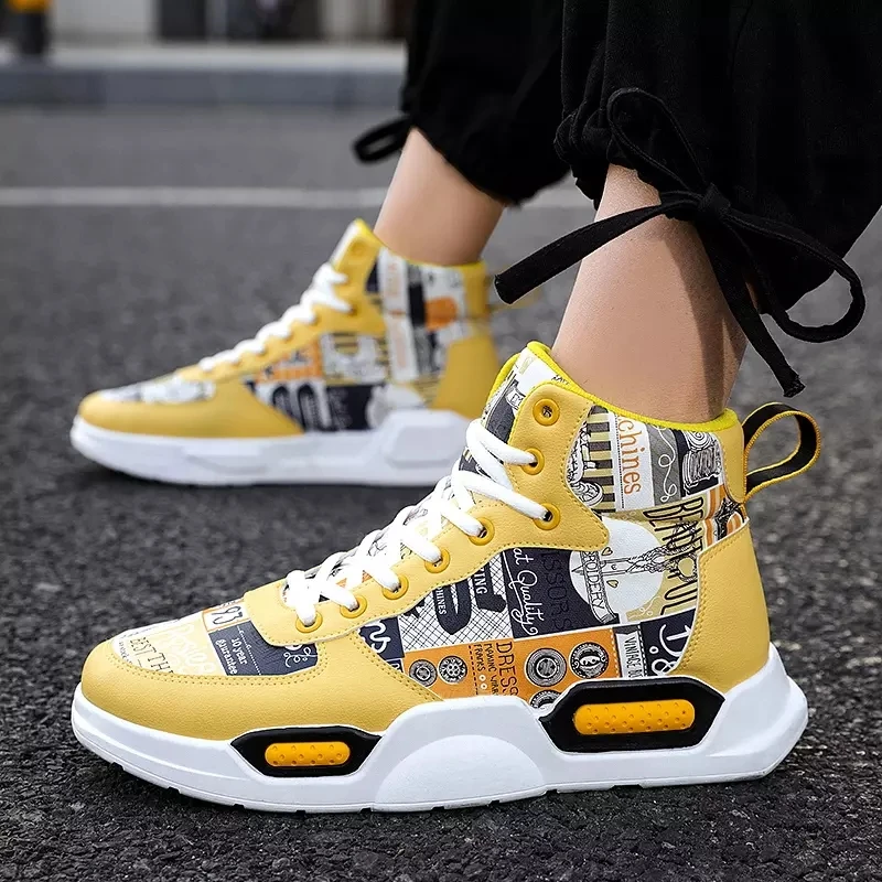 High Top Sneakers Mens Shoes Zapatos De Hombres PU Leather Stylish Graffiti Men Casual Shoe | Обувь