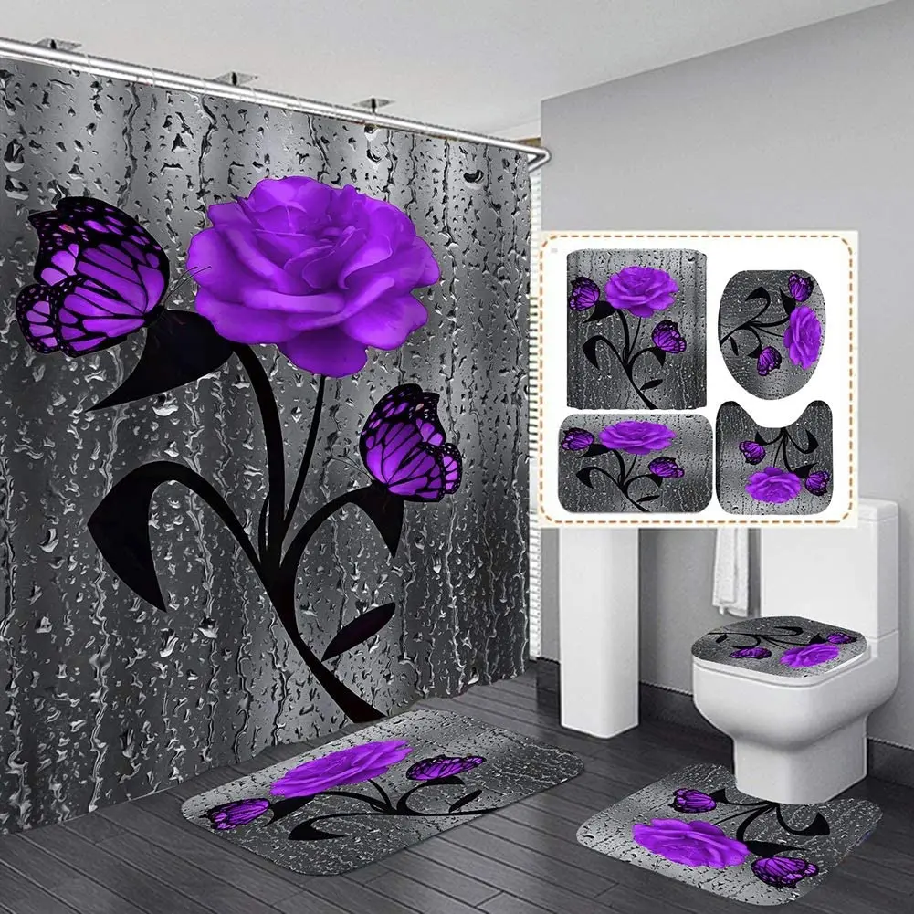 

4pcs Flowers Shower Curtain Sets with Non-Slip Rug, Toilet Lid Cover and Bath Mat Waterproof Bathroom Accessories