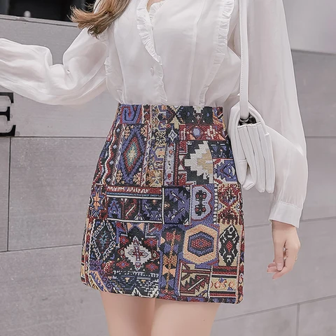 HELIAR Women Boho Skirt Embroidery A-Line Mini Skirts Chic Geometric Parttern Woolen Vintage Bohemian Skirts Women 2023 Autumn