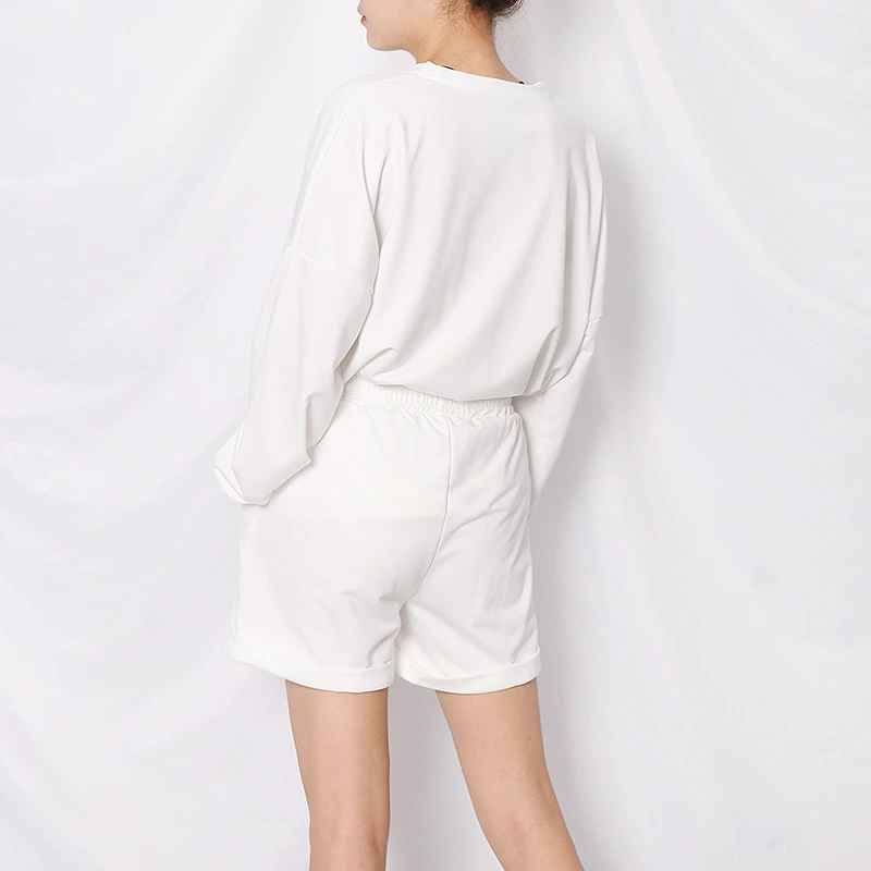

TWOTWINSTYLE Black Loose Two Piece Set For Women O Neck Long Sleeve T Shirt Lace Up Wide Leg Shorts Casual Suit Female 2020 New
