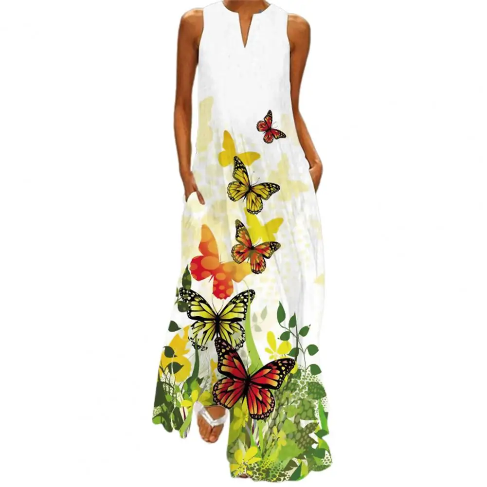 

Hot Sales Maxi Dress Printed Elegant Women Sleeveless V Neck Skirt for Banquet