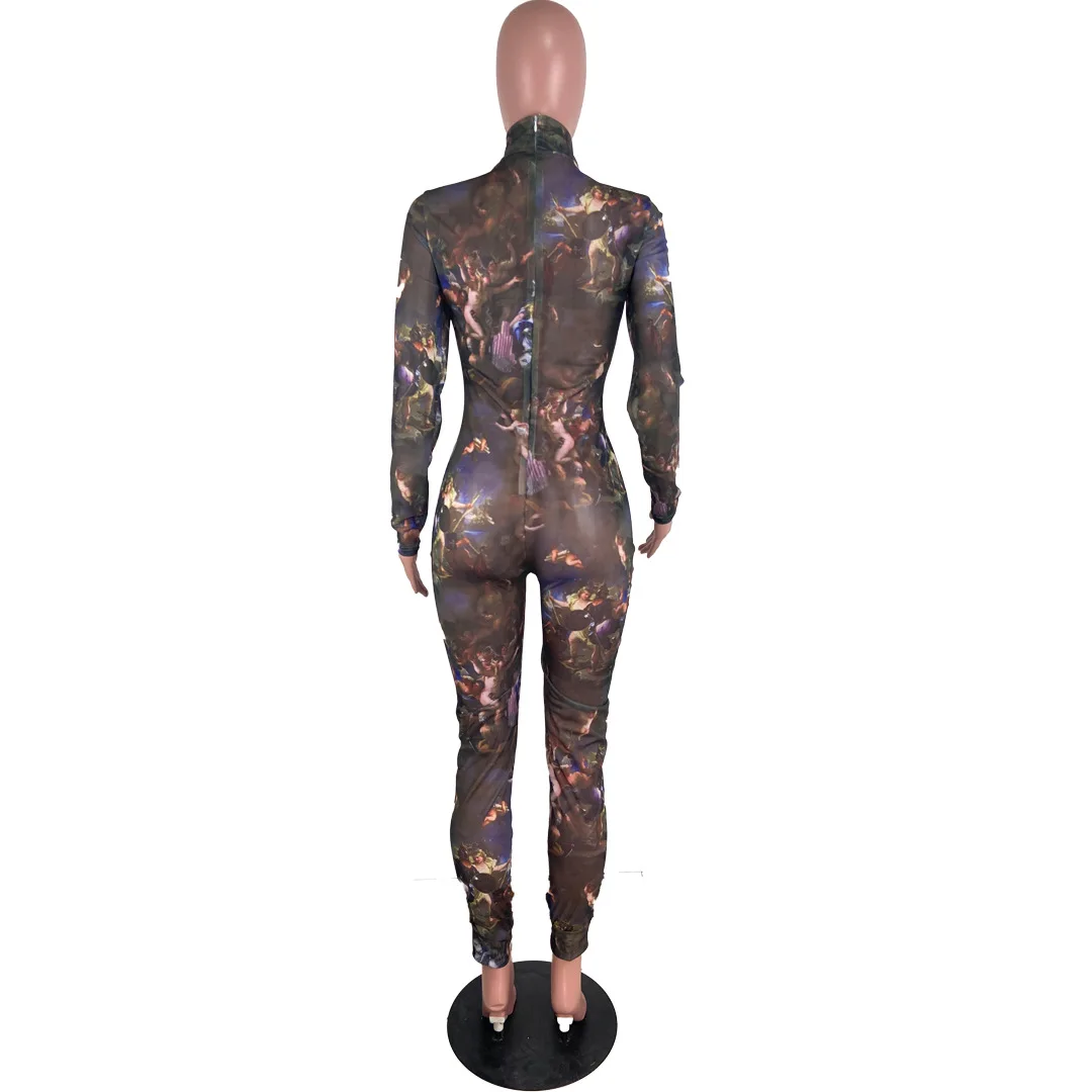 

HAOOHU 2020 new women's sexy jumpsuits fashion trends sexy nightclub see-though mesh long sleeve turtleneck tight slim jumpsuits
