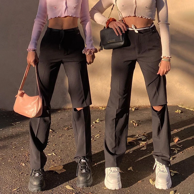 

Ripped Straight High Waisted Y2k Suits Pants For Women Fashion 2021Black Harajuku Sweatpant Casual Ladies Trouser Female Capris