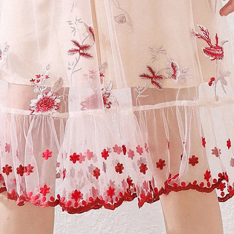 

Sweet Woman Embroidery Dress Ruffles Floral Midi A-line Skrit Dresses for Woman Female Elegant Party Dress Summer New Casual