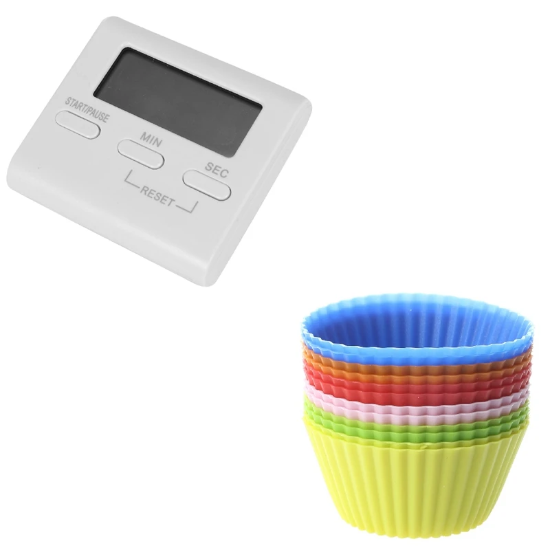 12 Pcs Silicone Cake Moulds Muffin Cupcake Bread Mousse With Lcd Digital Kitchen Cooking Timer |