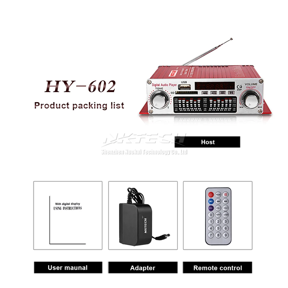 Red-With-12V-3A NKTECH HY-602 Автомобильный цифровой плеер аудио усилитель мощности 2CH 20 Вт RMS DSP Hi-Fi стерео TF USB FM DVD MP3 ИК пульт дистанционного управления громкостью звука для дома - Цвет: Red-With-12V-3A