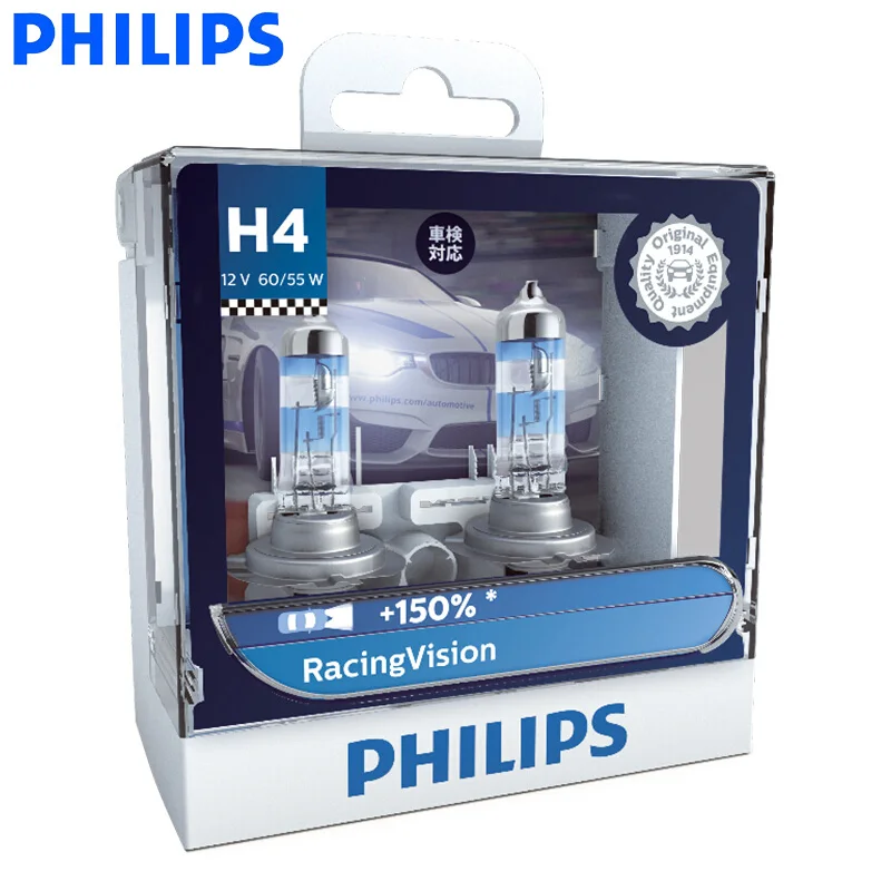 Philips H4 Racing Vision + 150% 9003 12В более яркая Автомобильная фара Hi/lo луч галогенная лампа