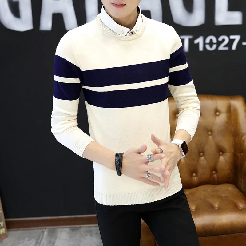 

Men Sweater Navy Blue Fake Two Pieces Long Sleeve Black Beige Turn-down Collar Pullovers Casual Mens Sweaters New Fashion