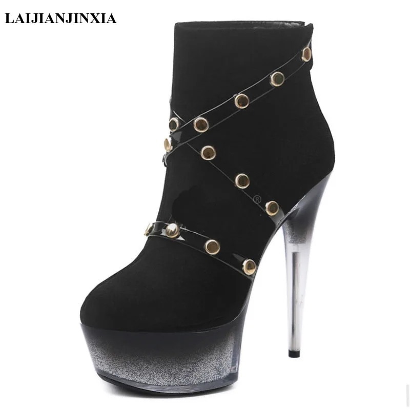 

LAIJIANJINXIA New Dance Boots 15 cm High Heels Suede Rivets Fashion Women Boots Sexy Ankle Boots Party Model Pole Dancing Shoes