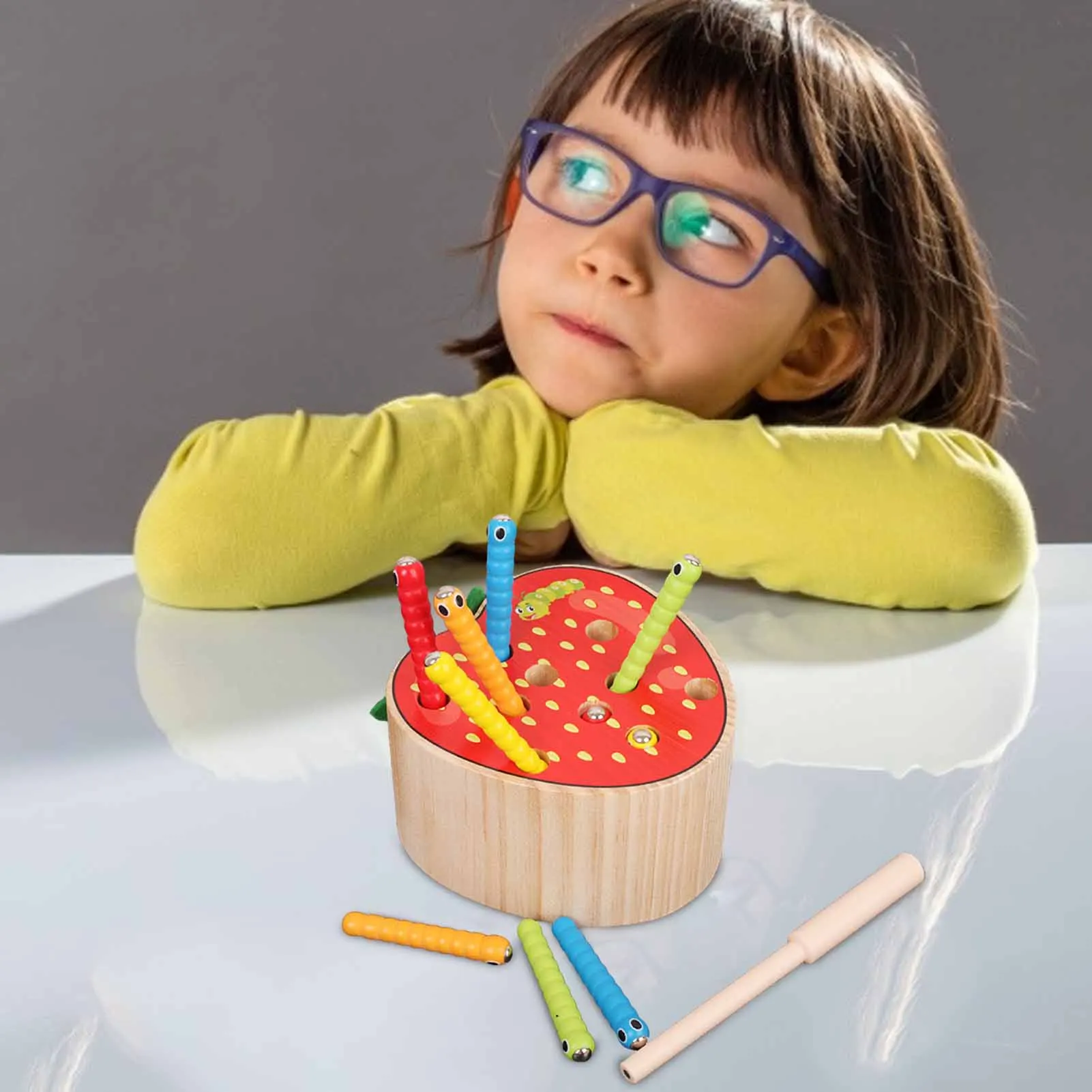 

Wooden Magnetic Insect Catching Toy Funny Apple Strawberry Shaped Catch Insect Game Montessori Puzzle Tools For Kids