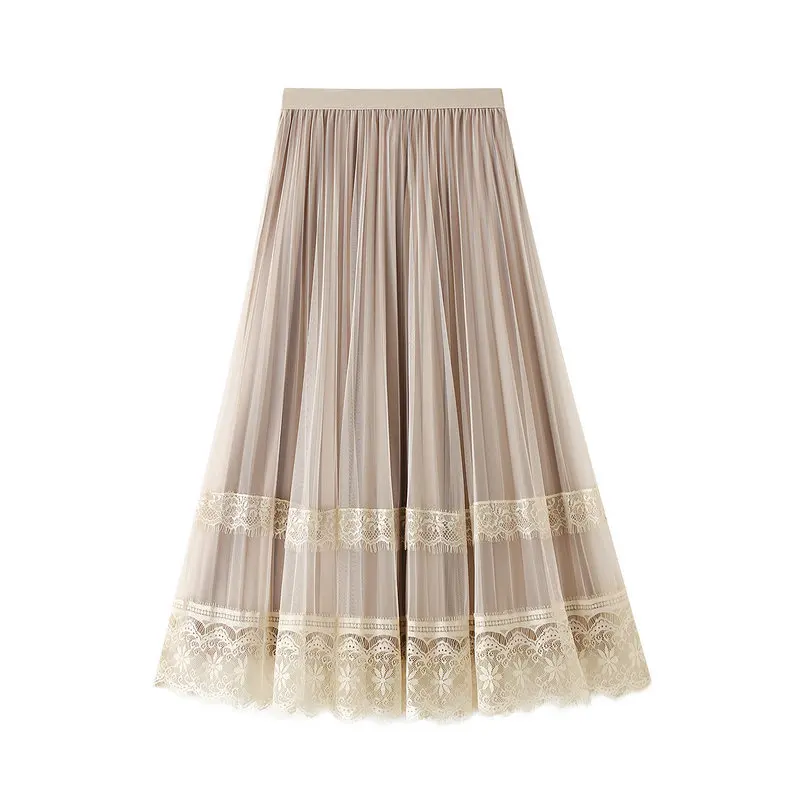 

New Women Skirts Autumn Winter Mesh Tulle Elastic High Waist A Line Long Pleated Skirt Casual Lace Female Clothes Double Sided