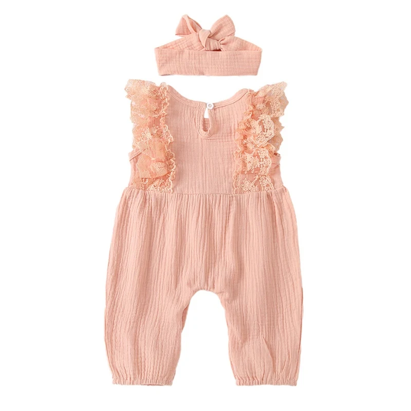 

Summer Baby Girl Rompers Lace Jumpsuit Newborn Sleeveless Solid Design Print Clothes Toddler Infant Romper With Headband