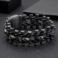 haoyi stainless steel skull link bracelet mens braided leather rope chain bracelets fashion punk rock jewelry