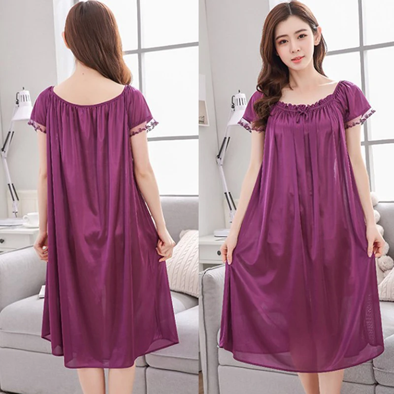 

Ice Silk Satin Nightdress Short Sleeve Sleepwear Nightgown Women Satin Sleeping Dresses Plus Size Nightwear