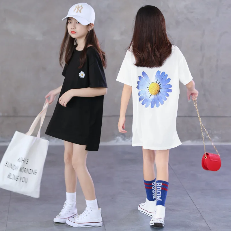 Summer White T Shirt for Children Cotton Short Sleeve Daisy Print Tops Korean Girls Long T-shirts Teenage Clothes 5 8 10 12 15Y