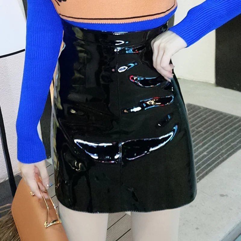 

2021 PU Leather Mini Pencil Skirt Women Sexy High Waist Glossy Reflections Black Short Skirt Streetwear Lady Summer Clothes