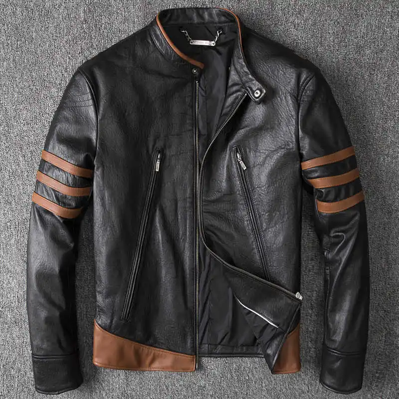 

2021 X-man same style stand collar genuine leather jacket men patchwork sheepskin slim fit short motorcycle leather coat men