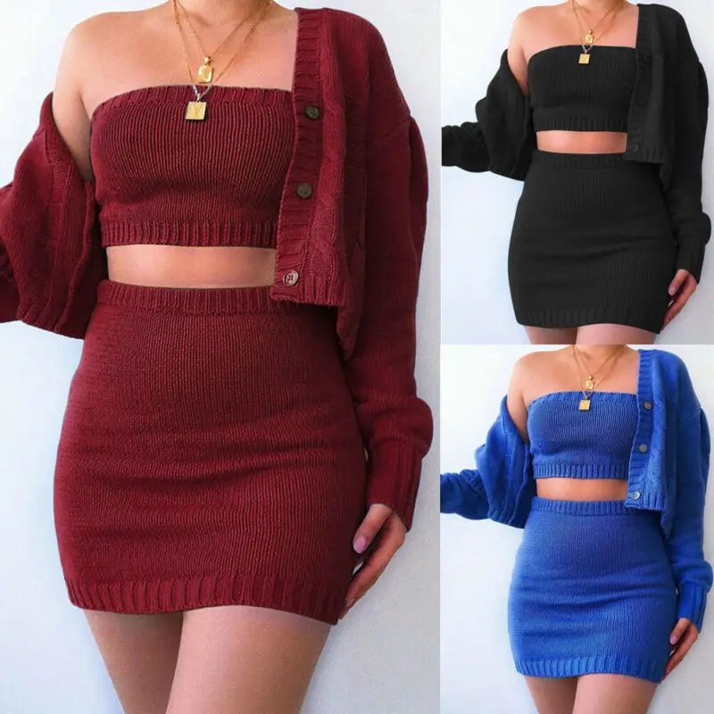 Женский трикотажный офисный комплект из двух предметов однотонный кардиган с