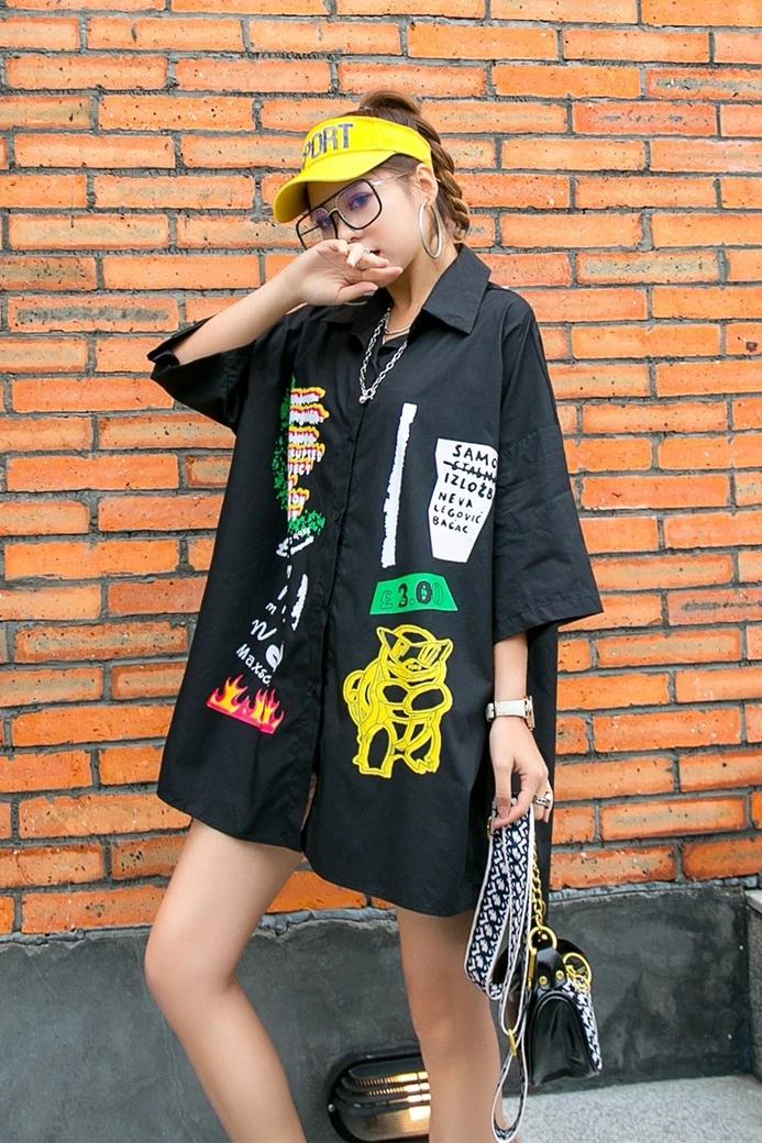 

Thailand street brand street hip-hop strange girl cartoon retro graffiti print BF loose mid-length short-sleeved shirt