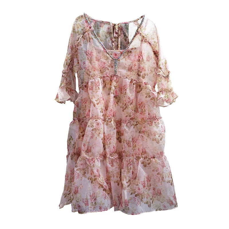 

2021 Summer New Women's Clothing Loose Fashion V-neck Vintage Printed Chiffon Midi Dress Temperament Dress Sling Two-Piece Sets