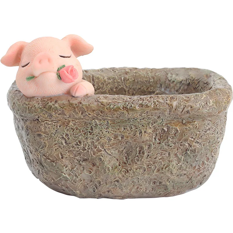 

TECHOME Resin Gift Ornament Animal Succulent Pot Creative Handicraft Tabletop Potted Plant Indoor Planter Simple Pig Flowerpot
