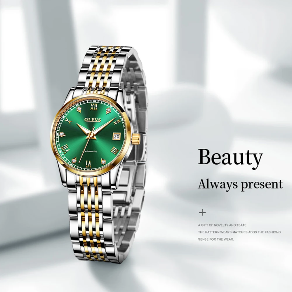 Top Brand OLEVS Women Automatic Mechanical Watches Stainless Steel Fashion Green Self-Winding Wristwatch Ladies Luxury Clock enlarge