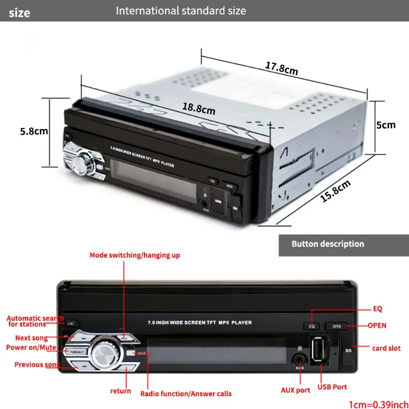 

7" Folding Touch Screen 1Din Car Stereo MP5 Player RDS AM FM Radio Bluetooth 4.0 USB/TF/AUX Audio Video Player
