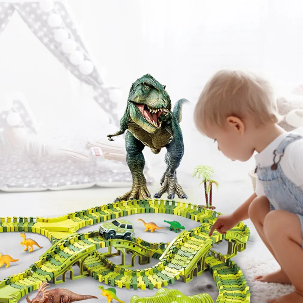 

Dinosaur Railway Toy For Kids DIY Assemble Dinosaur Race Track Set Magical Racing Track Railway Electric Race Car Model Toys