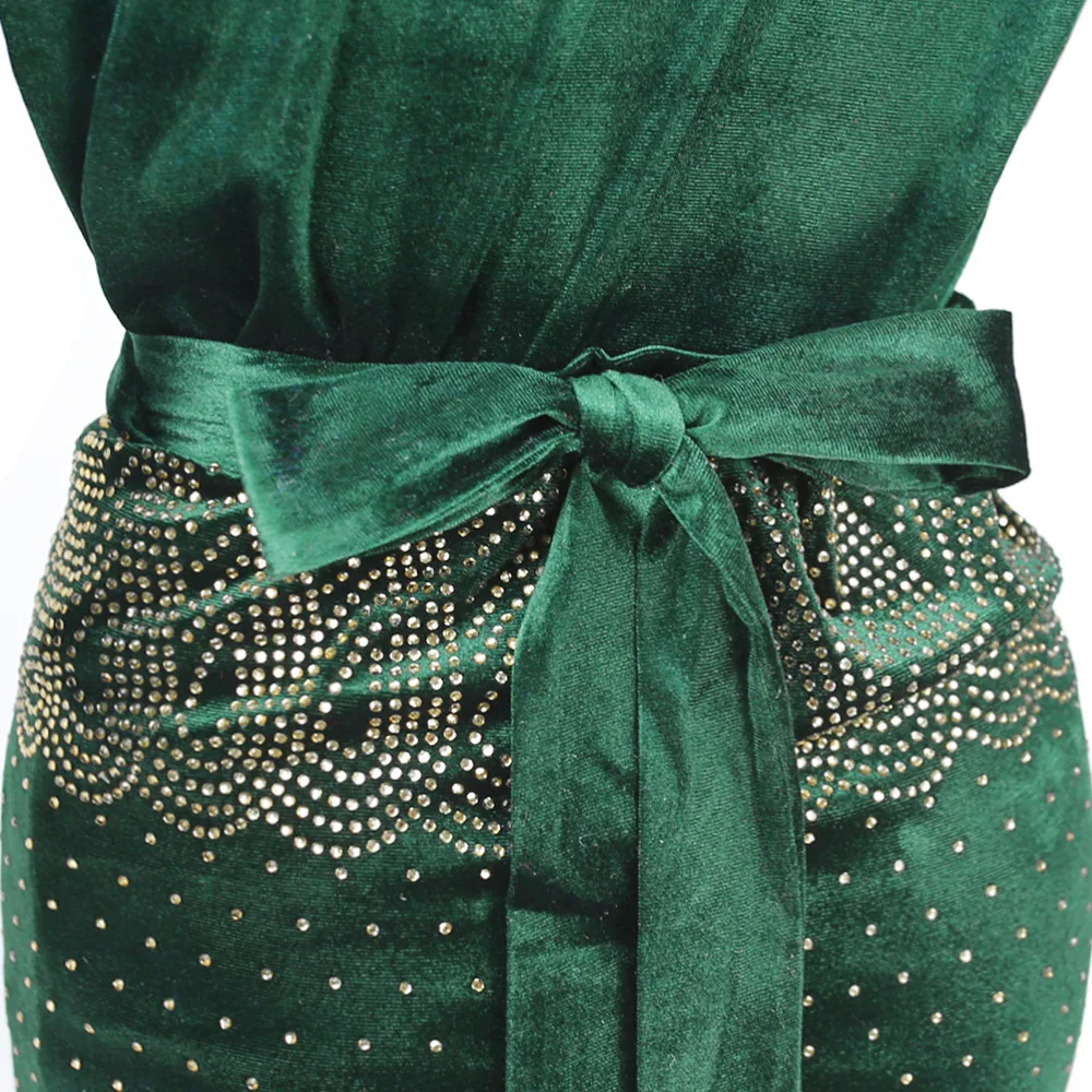 

Velvet African Dresses Plus Size Wedding Party Dress for Women 2021 Spring Autumn Long Sleeve Green Dress Set Birthday Outfits