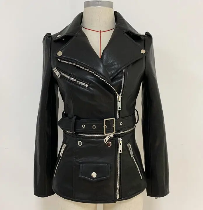 Rock Motorcycle Biker Genuine Leather Women Zipper Real Sheepskin Slim Fit Black Jacket Coat Female New Winter Autumn Outwear