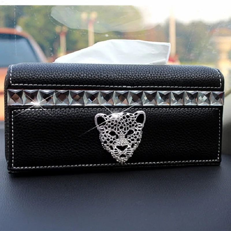 

Black Beige Genuine Leather Car Tissue Box with Leopard Head Luxury Auto Home Office Towel Paper Cover Case for Styling