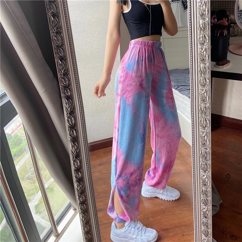 

Gagaopt New Cotton Slit Loose Trousers Women's Ankle Banded High Waist Elastic Tie-Dyed Casual Pants Sweatpants