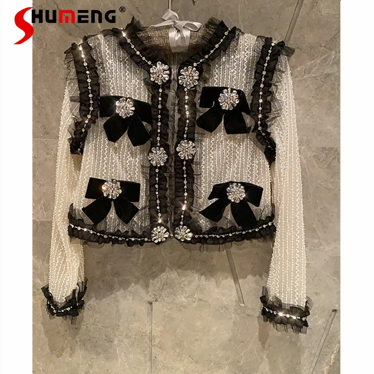 

Women's Graceful Beads Rhinestones Sequins Bow Floral Coats Female Summer French Short Cardigan Sun Protection Top 2022 Clothing