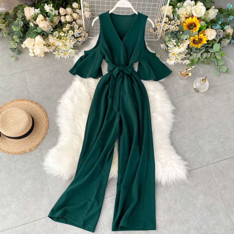 

Fashion 2021 V Neck Off Shoulder Sexy Summer Full Length Bandage Jumpsuit Sashes Casual Women Playsuit Beach Holiday Tie Romper